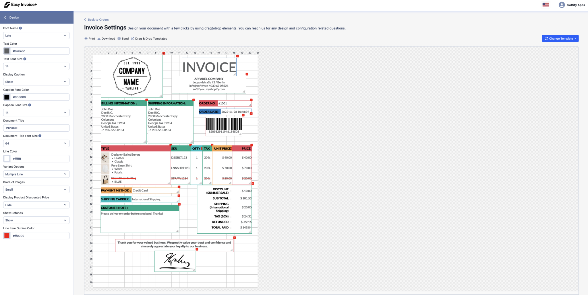 How to use the drag&drop invoice designer? – Softify Apps