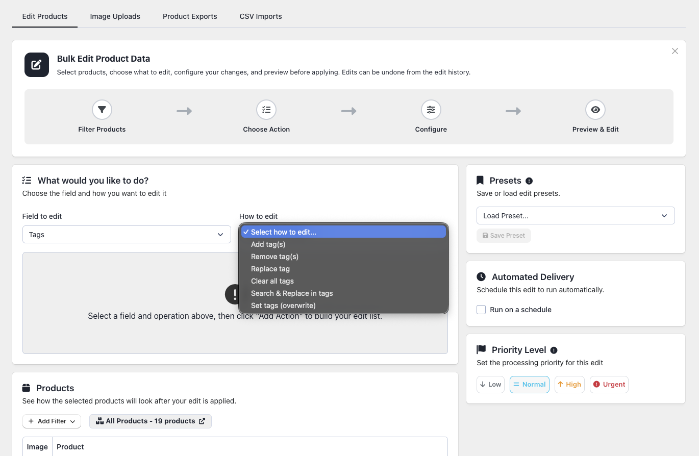 Tag action selection dropdown showing all available tag operations
