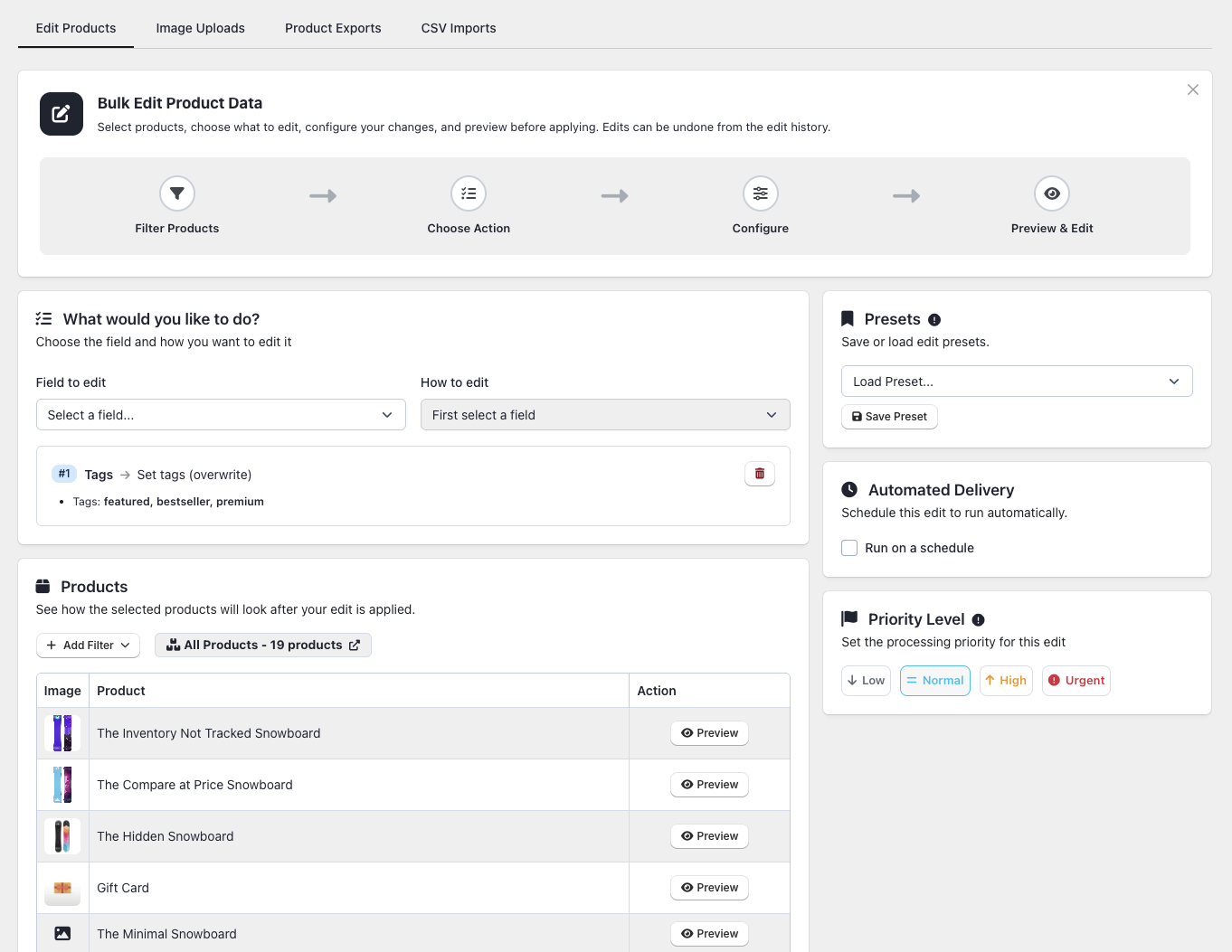 Set tags action with warning about replacing all existing tags