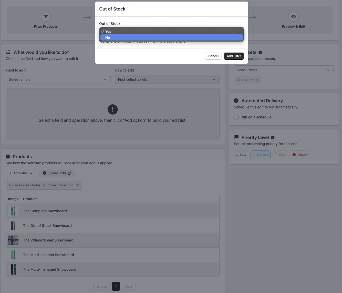 Filter panel with multiple filters applied and live product count