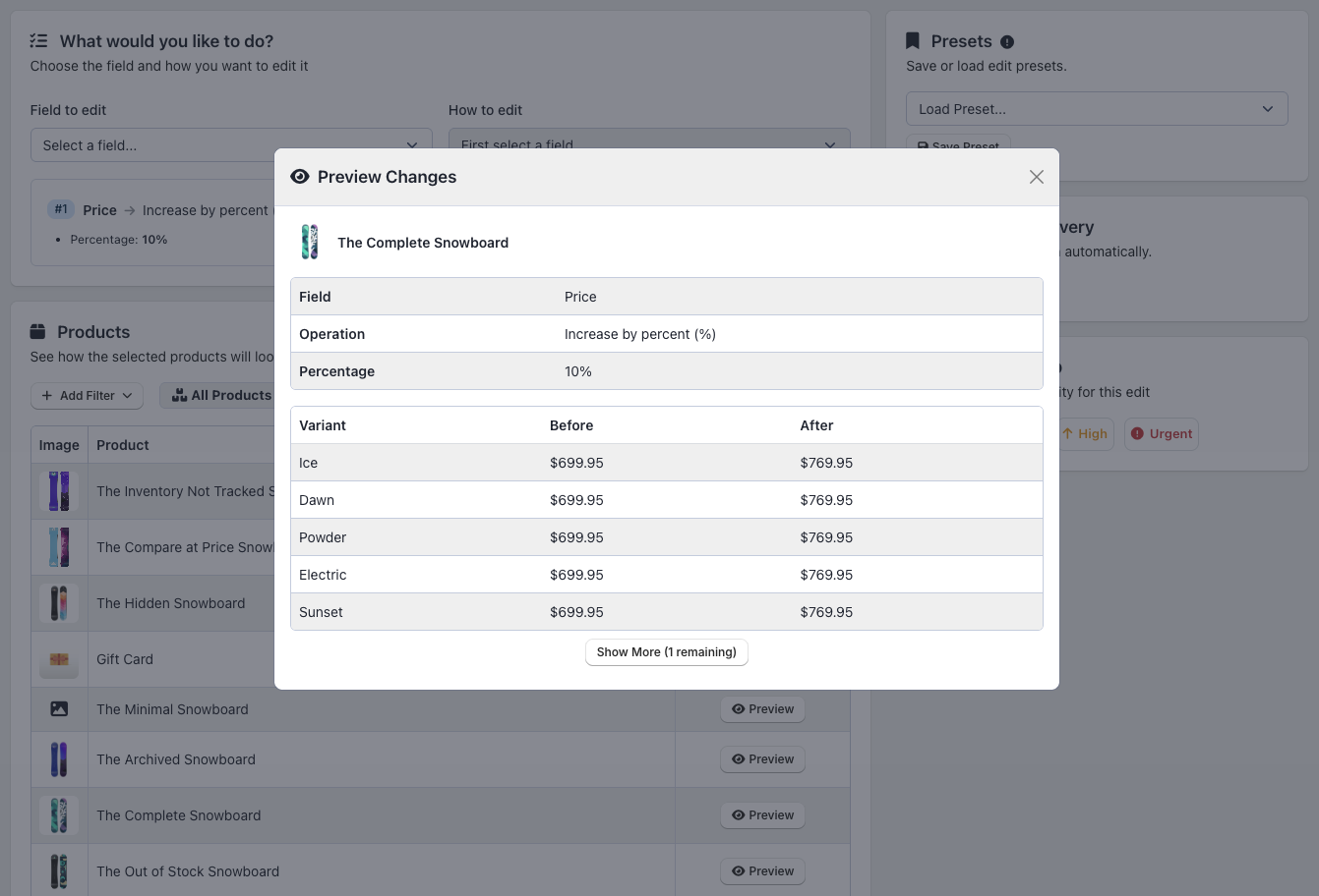 Price increase by percent setup with value field and preview